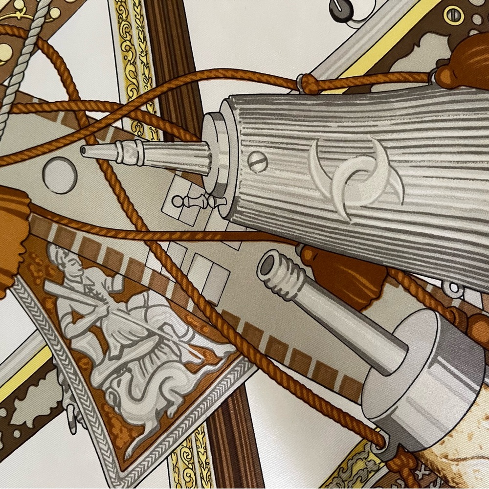 Hermès Diane Elegant White and Gold Silk Scarf with Brown Accents. - Picture 11 of 16